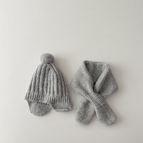 素色螺紋精靈護耳帽+圍脖 