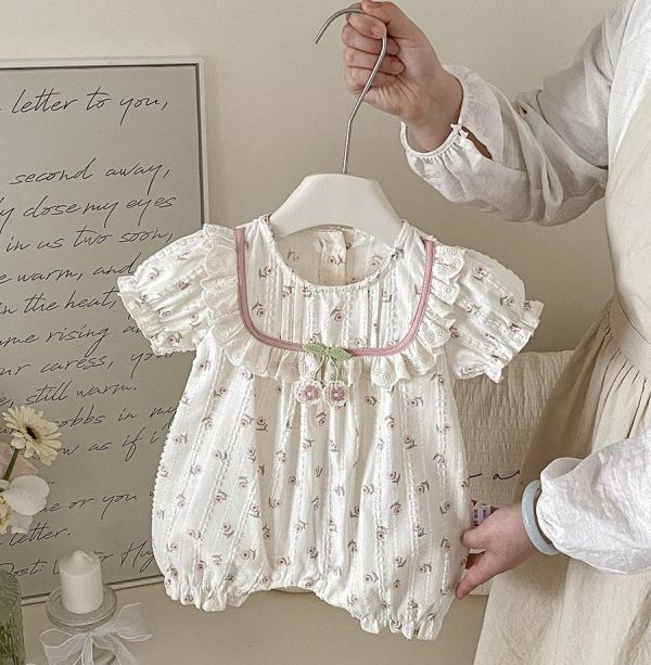 田園風櫻桃碎花方領連身裝 