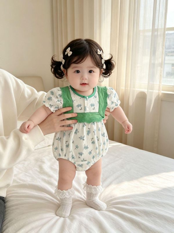 田園碎花綠方領包屁衣 