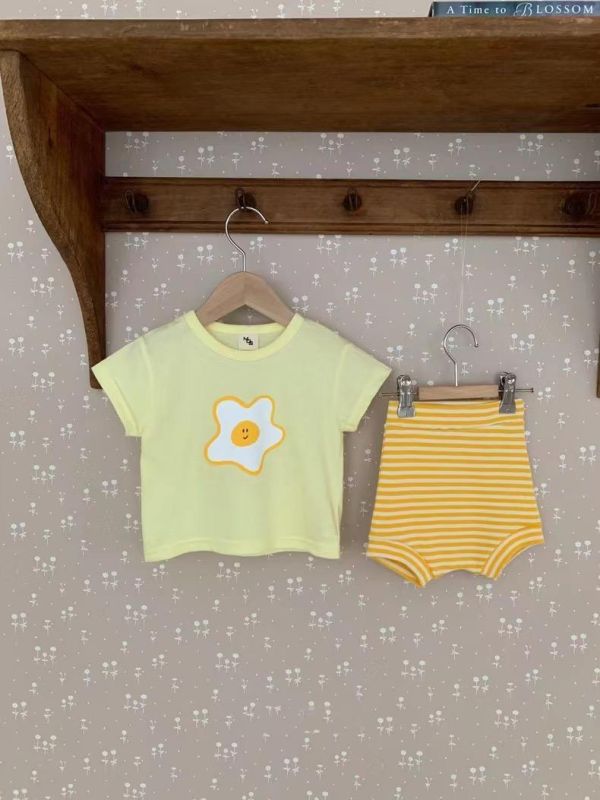 荷包蛋/蘋果上衣+條紋包屁短褲套裝 