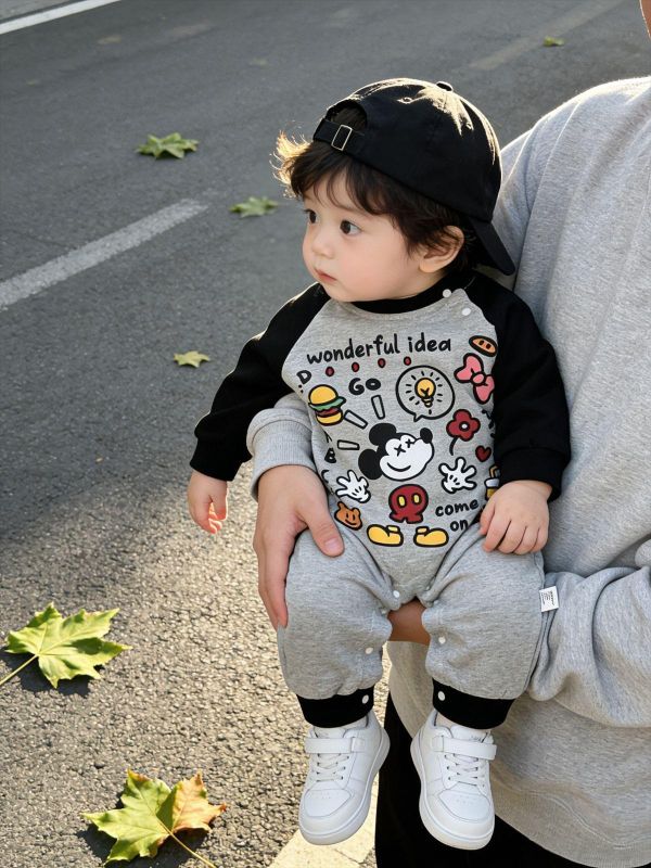 可愛塗鴉米奇卡通拼袖連身裝 