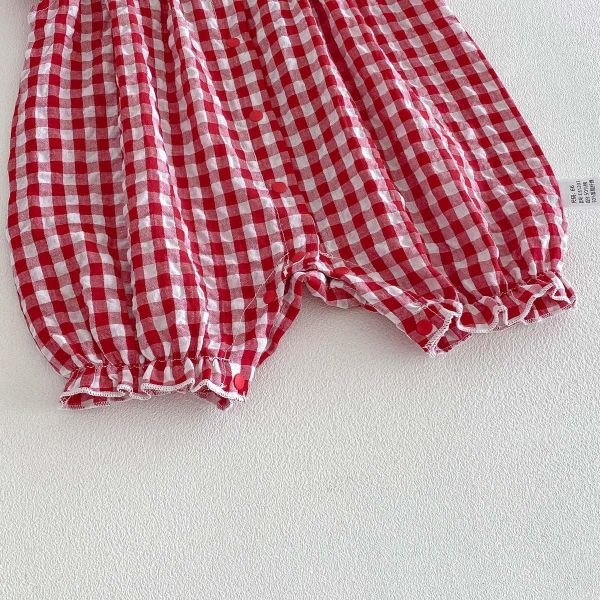 草莓刺繡翻領格紋連身裝 