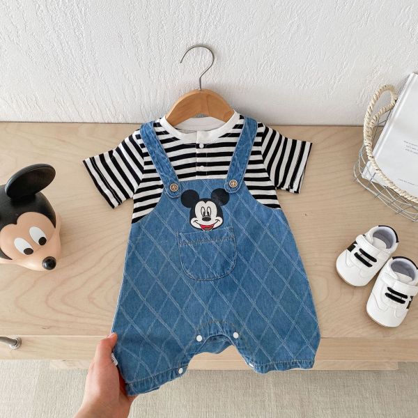 假兩件條紋牛仔米奇連身裝 