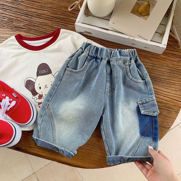 水洗暈染可愛布標七分牛仔褲 