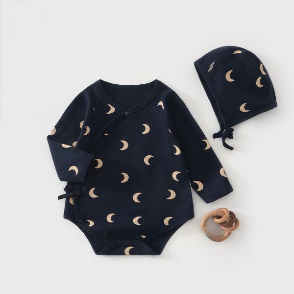 新生兒月亮棉質側開包屁衣(含帽) 