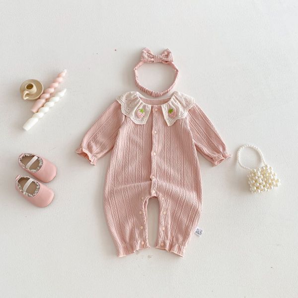 草莓翻領麻花開釦連身裝(含髮帶) 