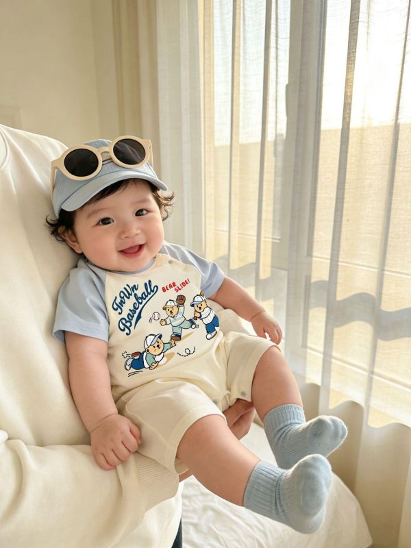 棒球小熊印花拼袖連身裝 