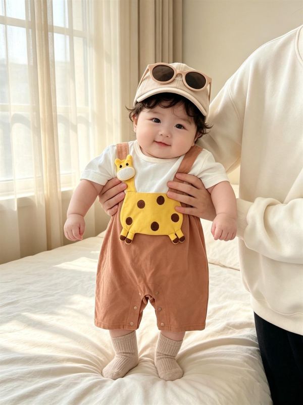 假兩件長頸鹿貼布吊帶連身裝 