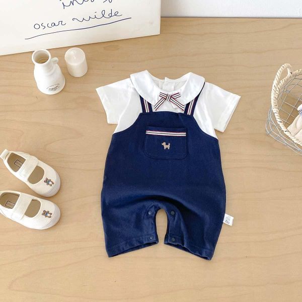 假兩件蝴蝶結翻領背帶連身裝 