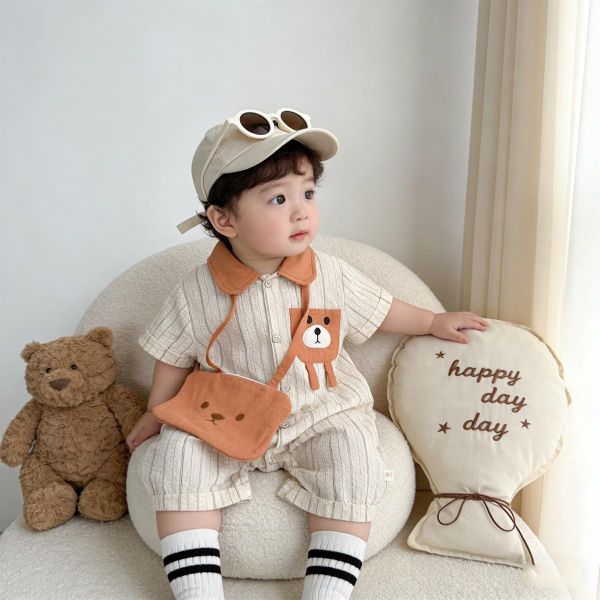 翻領小熊口袋豎條紋連身裝(含包) 