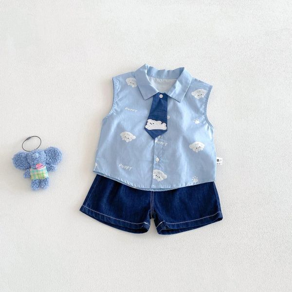 雲朵狗狗領帶背心襯衫/牛仔短褲 