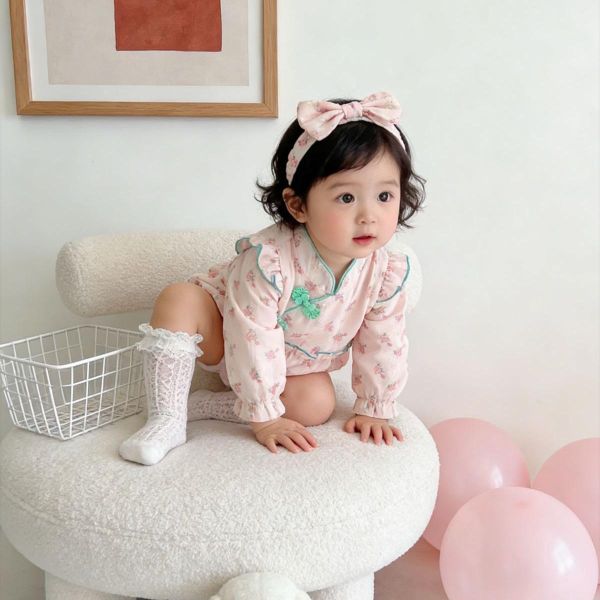 復古甜美旗袍式包屁衣+髮帶 