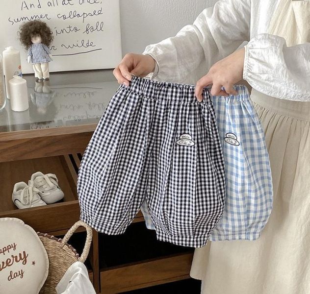 純棉透氣雙色格紋鬆緊燈籠褲 