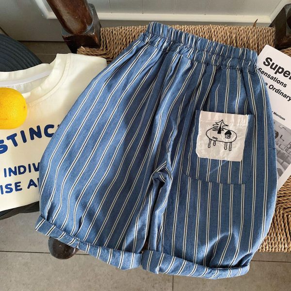 豎條紋口袋貼布薄款九分長褲 