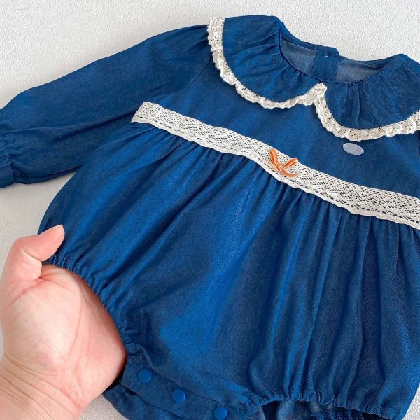 娃娃領蕾絲牛仔包屁衣(含髮帶) 