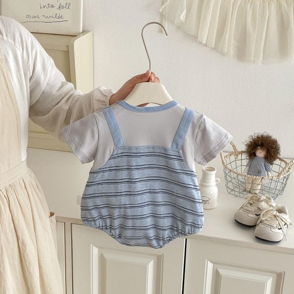 假兩件小熊吊帶條紋包屁衣 