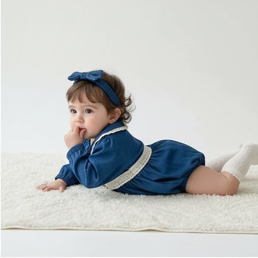 娃娃領蕾絲牛仔包屁衣(含髮帶) 