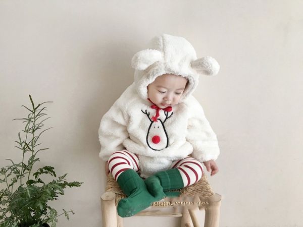 聖誕麋鹿毛絨連帽包屁衣 