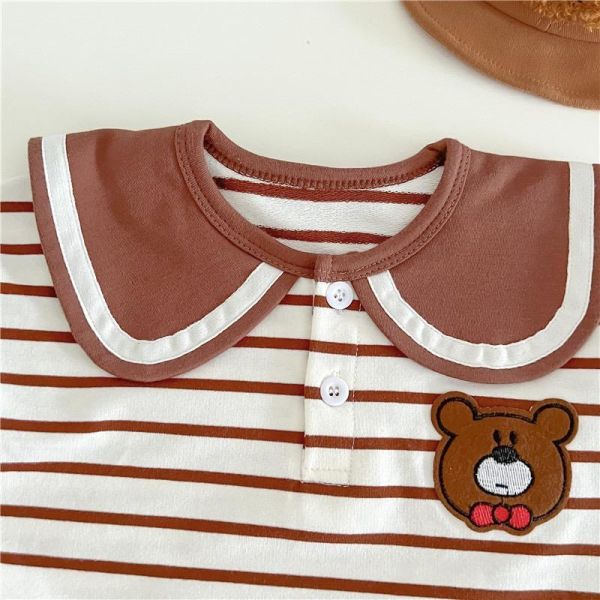 翻領條紋前後領結小熊包屁衣 