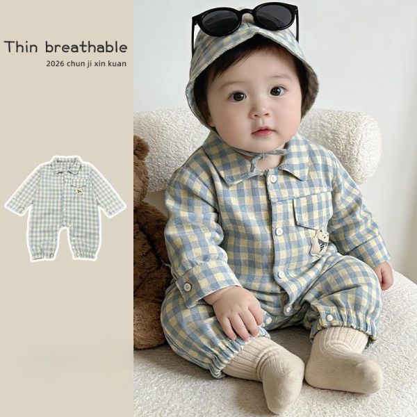 格紋小熊單口袋居家/外出連身裝 