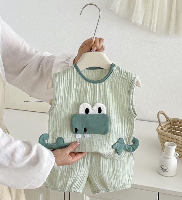 立體鱷魚/綿羊透氣紗布棉兩件式套裝 