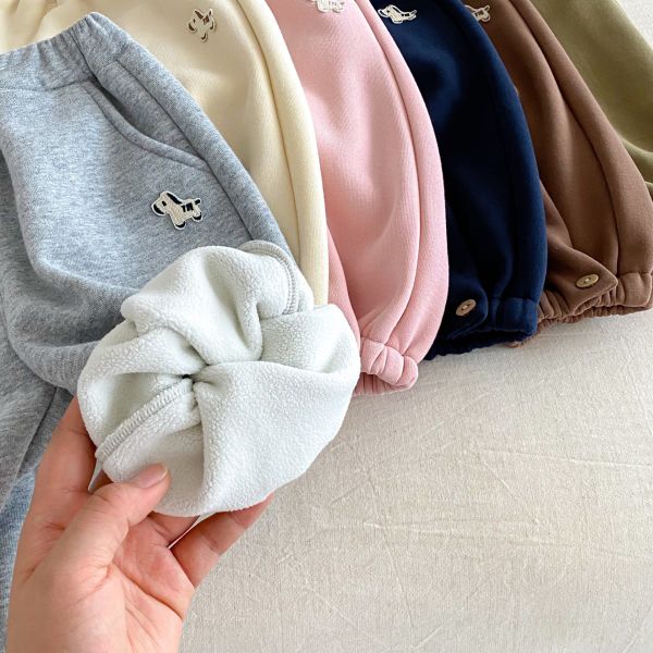 素色小馬刺繡加厚棉質長褲 