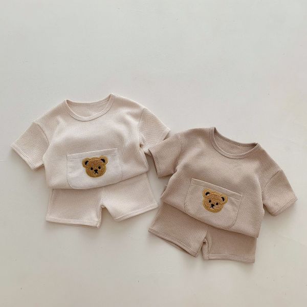 華夫格小熊刺繡單口袋套裝 