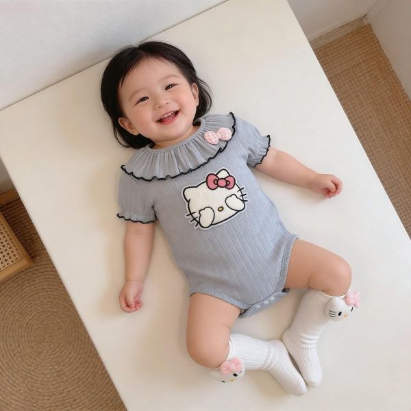 荷葉領貓咪貼布彈力包屁衣 