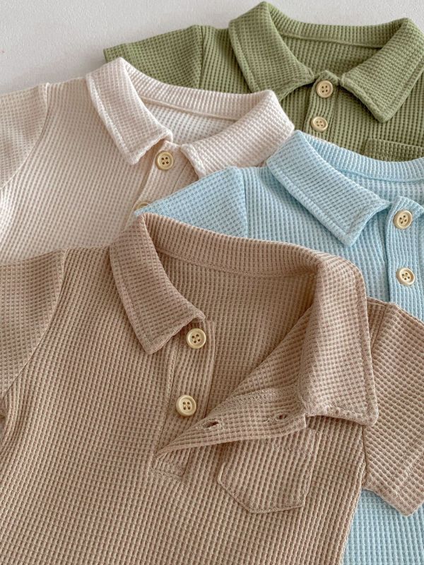 華夫格素色翻領開釦包屁衣 