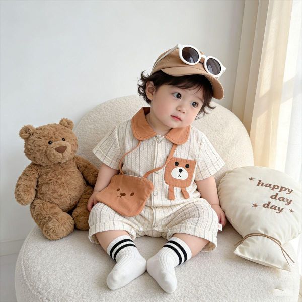 翻領小熊口袋豎條紋連身裝(含包) 