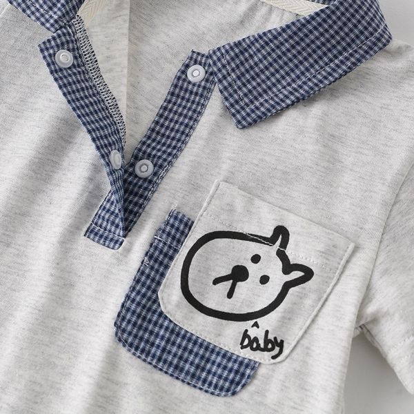 格子翻領狗狗單口袋包屁衣 