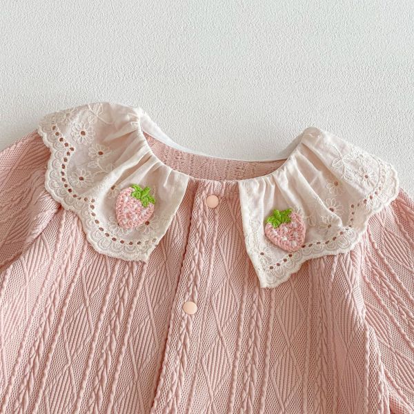 草莓翻領麻花開釦連身裝(含髮帶) 