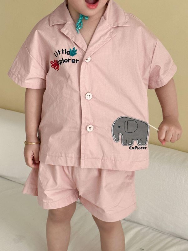 大象字母刺繡襯衫兩件式套裝 