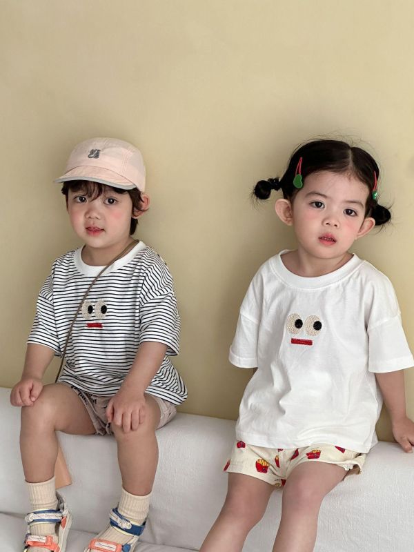 可愛表情貼布簡約素色/條紋上衣 