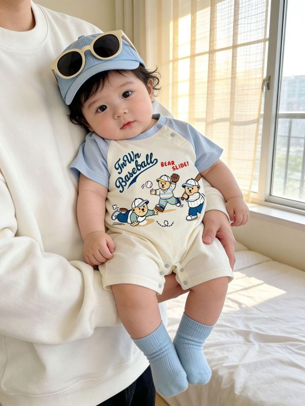 棒球小熊印花拼袖連身裝 