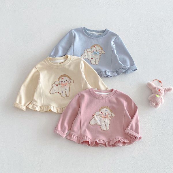 荷葉邊狗狗刺繡素色上衣 