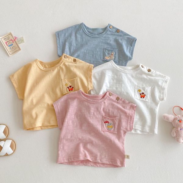 素色肩釦口袋刺繡薄上衣 