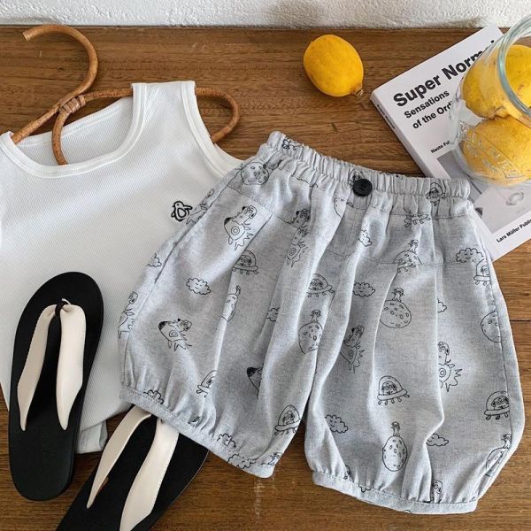 太空星球塗鴉素色五分短褲 