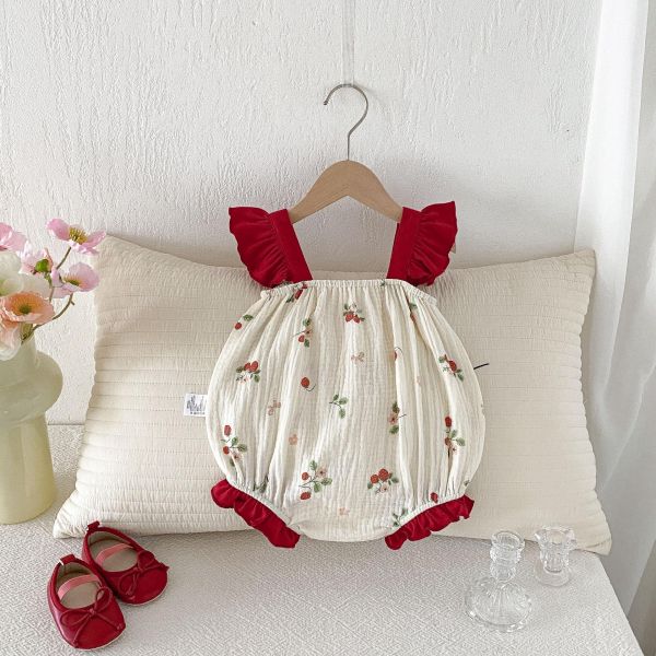 可愛草莓抓皺棉背帶包屁衣 