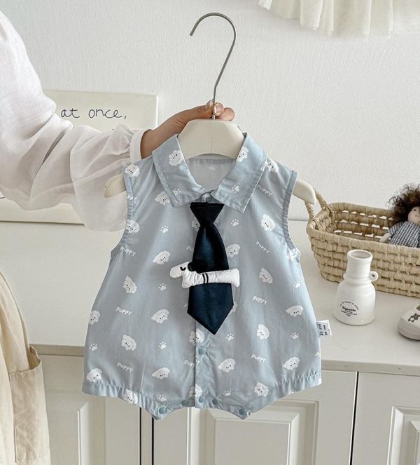 可愛狗狗印花領帶翻領連身裝 