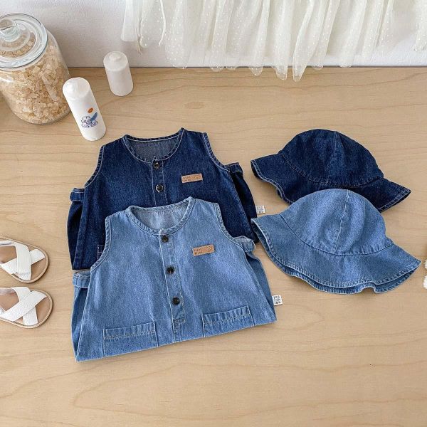 素色牛仔開釦連身裝+帽 