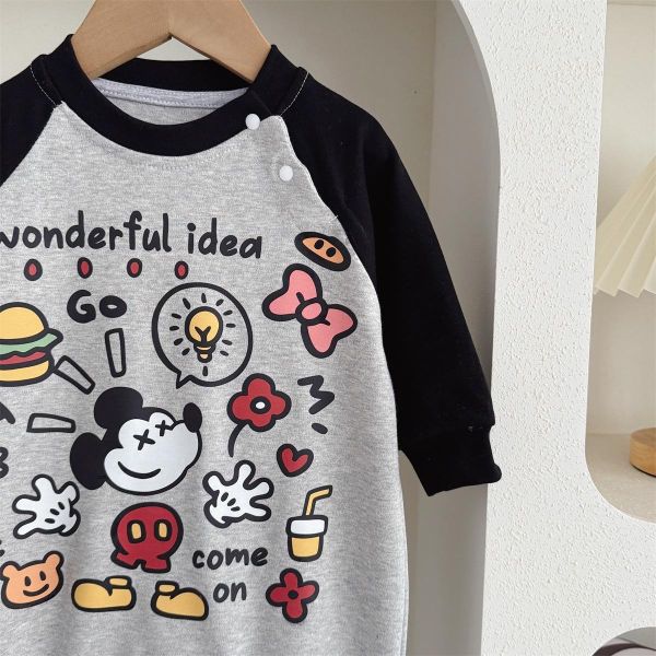 可愛塗鴉米奇卡通拼袖連身裝 