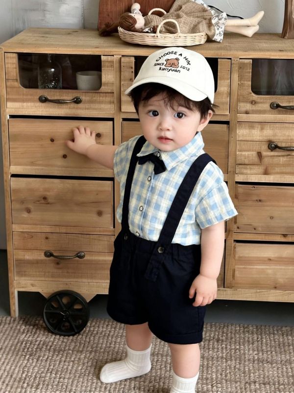 紳士領結條紋/格紋襯衫+吊帶短褲套裝 