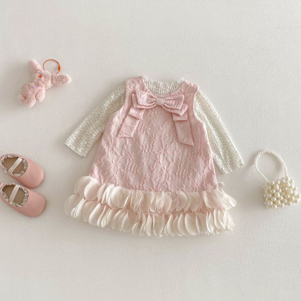 小香風壓紋打底衣/蝴蝶結網紗連身裙 