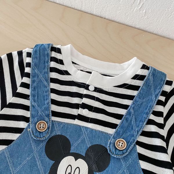 假兩件條紋牛仔米奇連身裝 