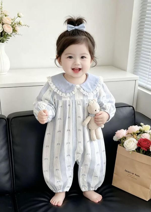 甜美娃娃領蝴蝶結印花連身裝 