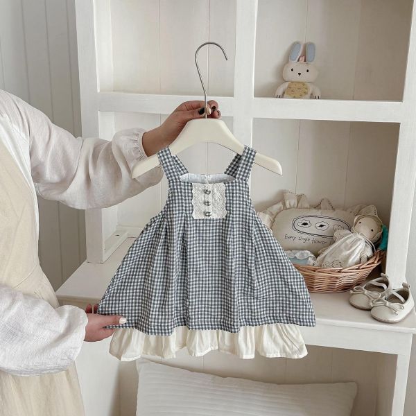 假兩件格紋蕾絲拼接背心式洋裝 