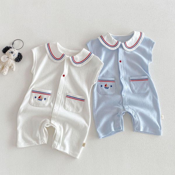 海軍風翻領素色雙口袋連身裝 