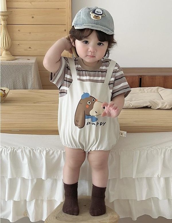 假兩件狗狗條紋吊帶包屁衣 