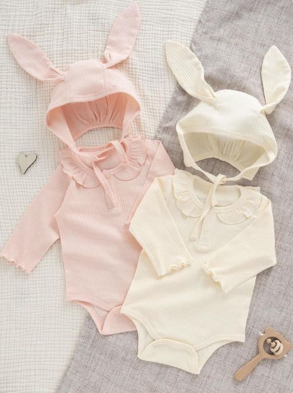 新生兒純棉素色包屁衣+兔耳帽 